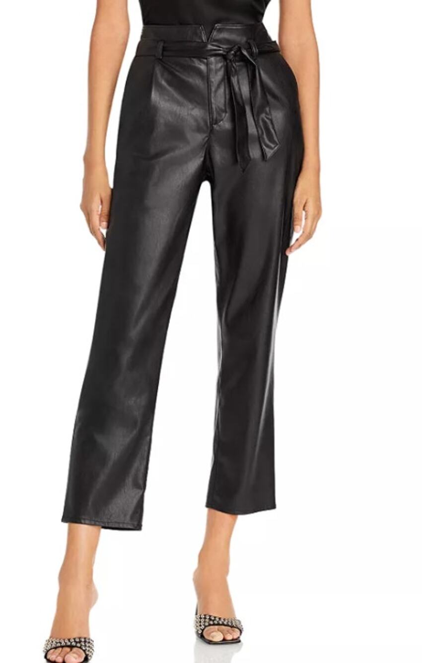 Paige NEW Melila Faux Leather Paper Bag High Waisted Tie Front Crop Pant Black 0